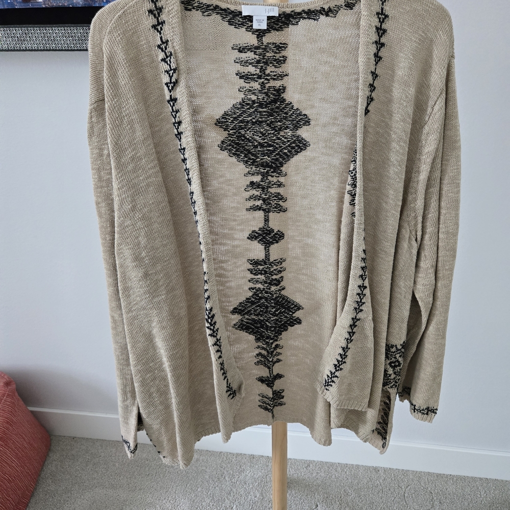 J. Jill Beige Open-Front Cardigan with Black Geometric Trim